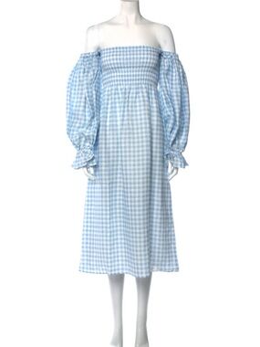 Sleeper Light Blue and White Gingham Off-Shoulder Midi Dress